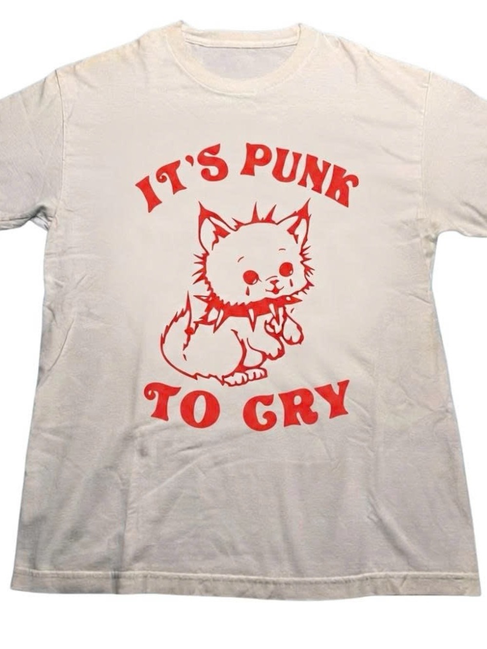 White Tee with Red "It's Punk To Cry" Cat Graphic